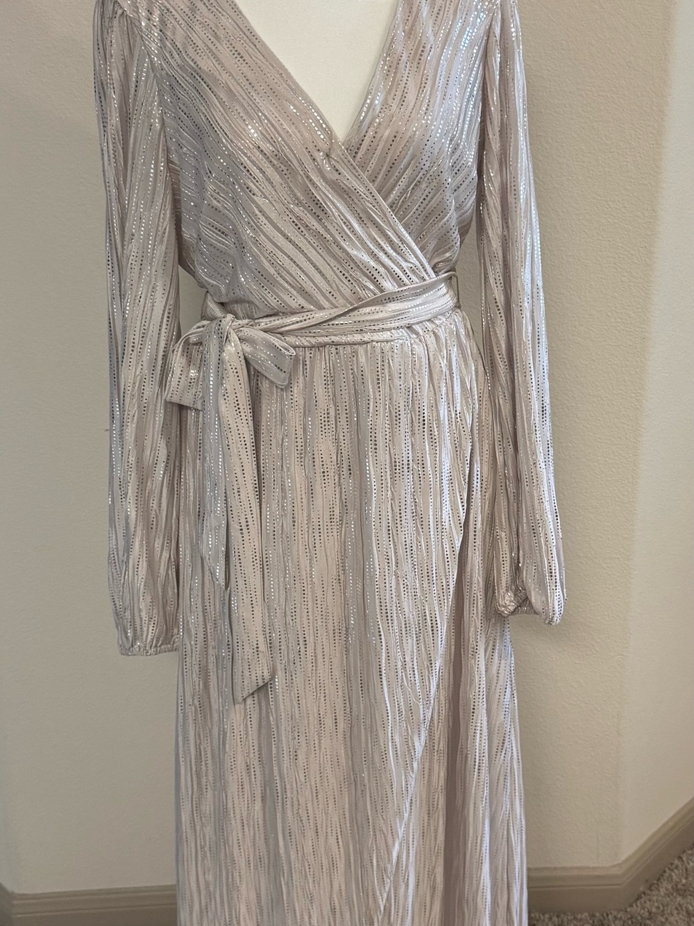 Guess Silver Metallic Long Sleeve Wrap Maxi Dress